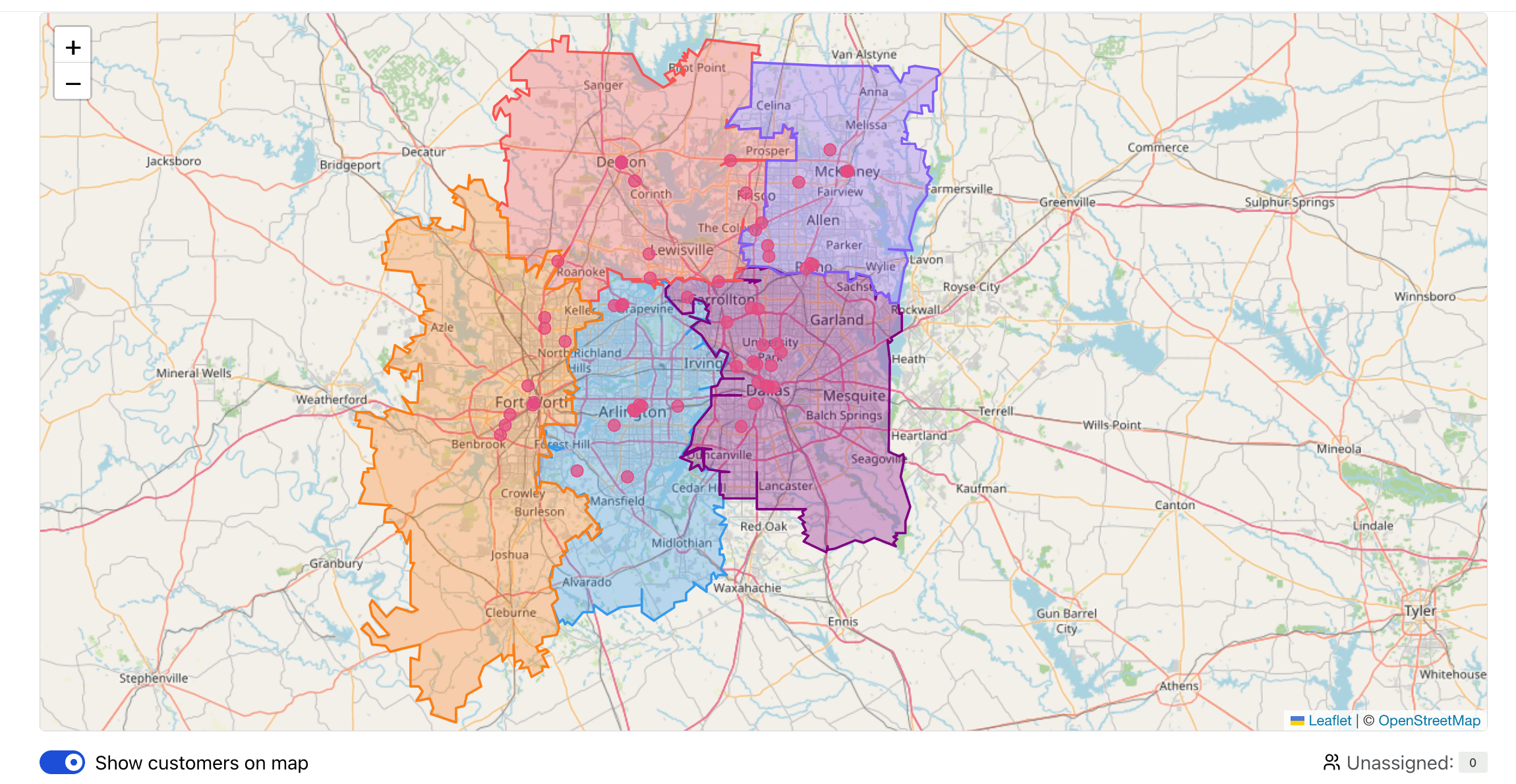 Territory coverage map with routes and customers in Loma